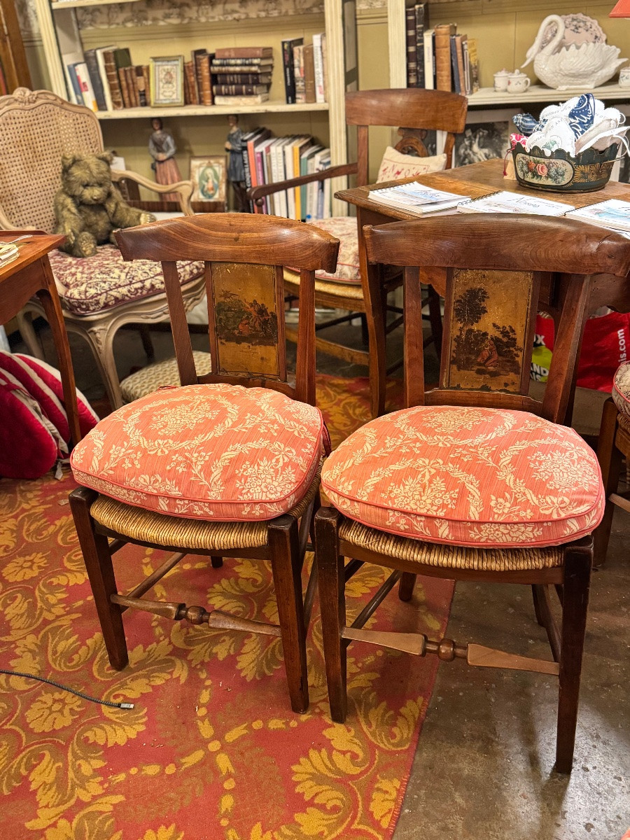 Pair Of Cherry Wood Chairs, Directoire Period, Back Painted “paul Et Virginie”-photo-3