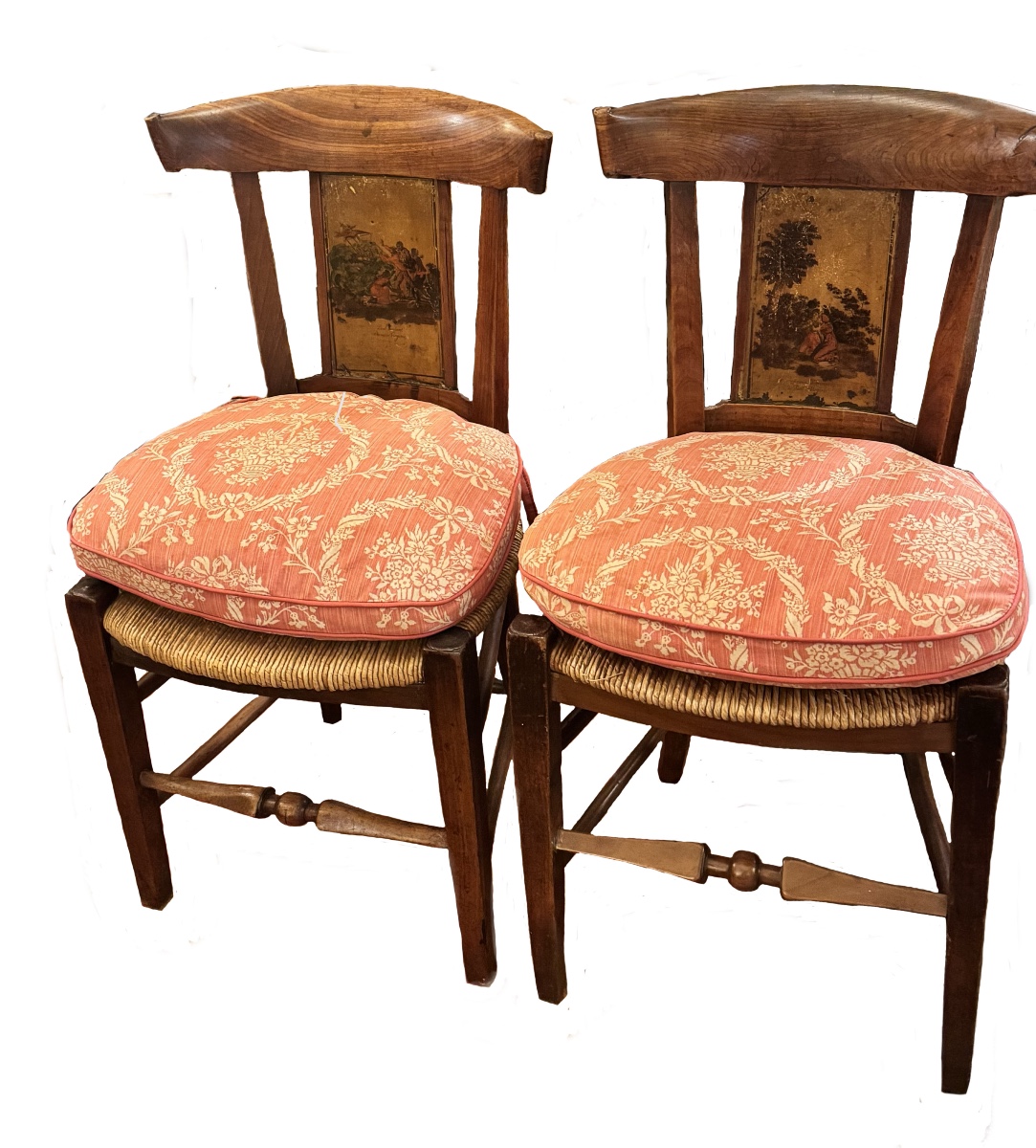 Pair Of Cherry Wood Chairs, Directoire Period, Back Painted “paul Et Virginie”