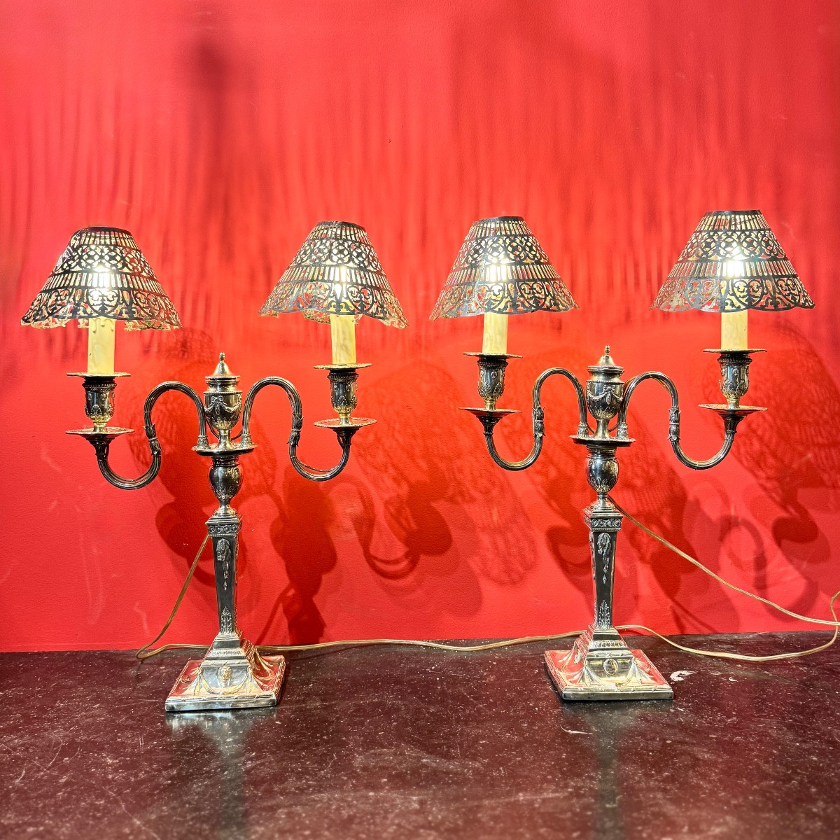 Pair Of Silver-plated Candlesticks, 19th Century