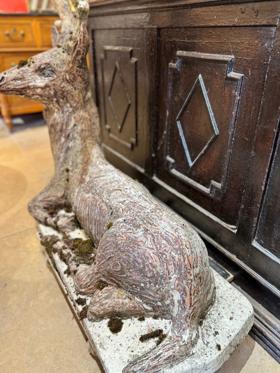 Cerf couché en ciment, sculpture de jardin – XIXᵉ siècle-photo-6