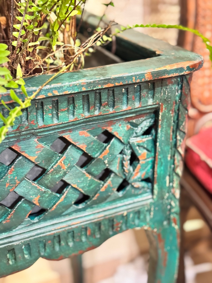 Jardinière d’intérieur style Louis XV – XIX siècle, en bois sculpté et peinte en vert-photo-3