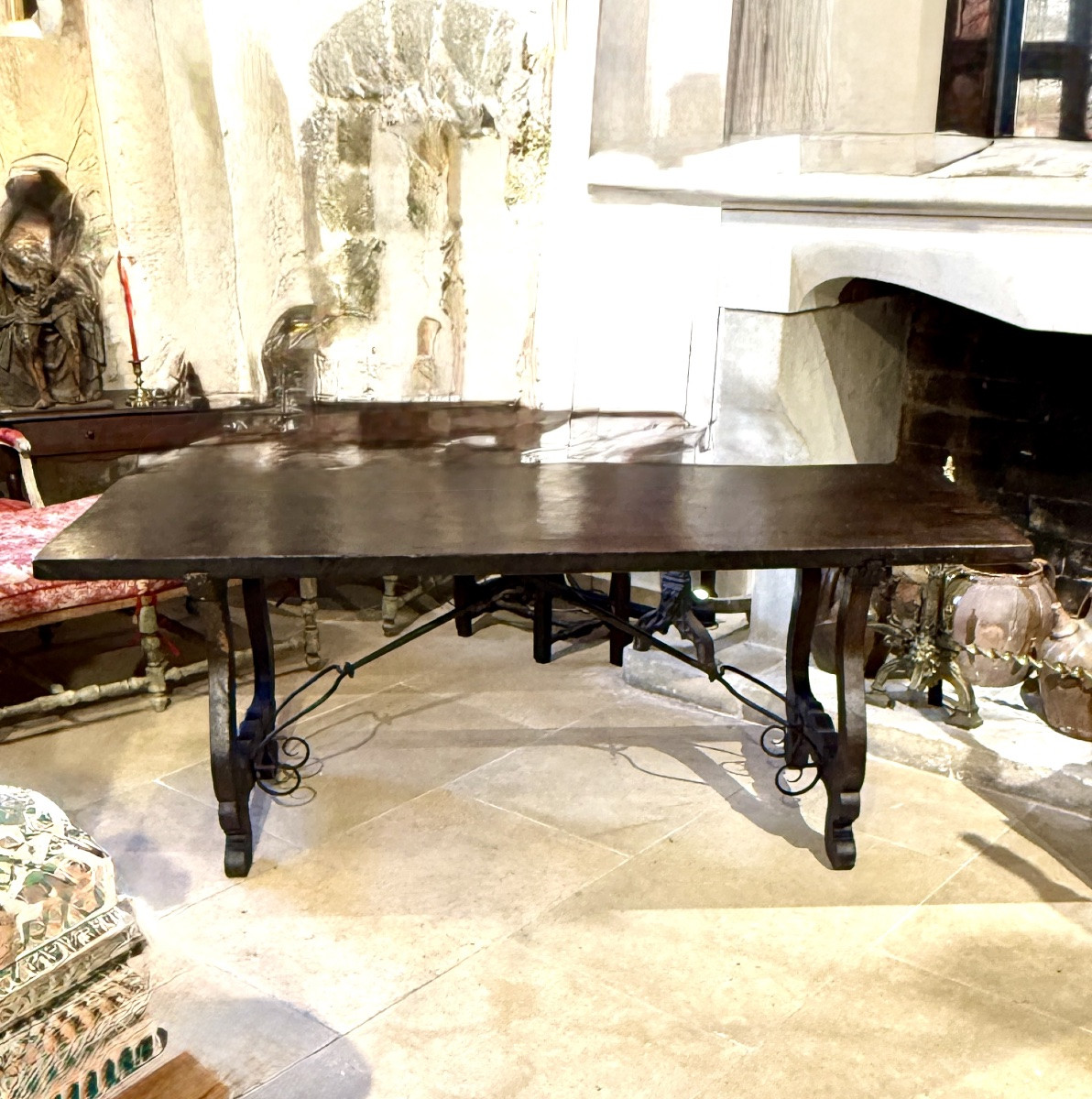 Oak  Table With Shaped Legs And Wrought Iron Stretcher, 17th Century-photo-2
