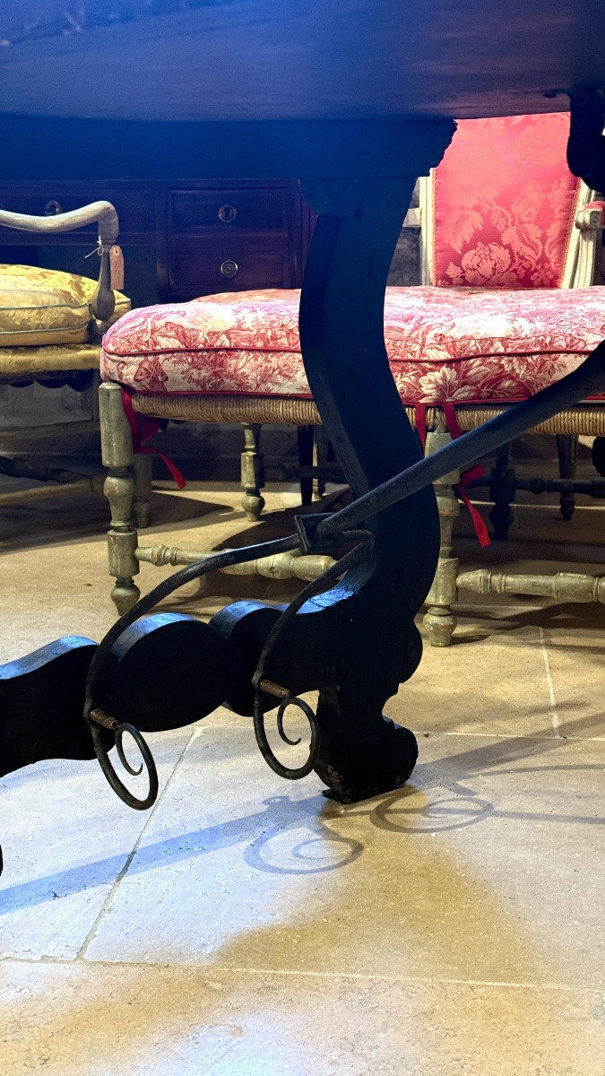 Oak  Table With Shaped Legs And Wrought Iron Stretcher, 17th Century-photo-2