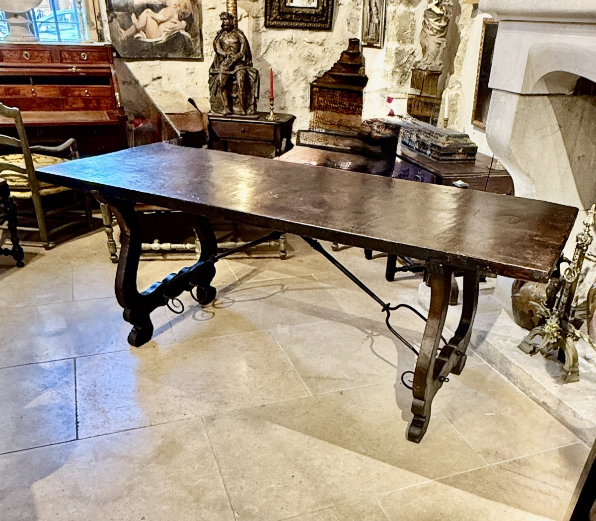 Oak  Table With Shaped Legs And Wrought Iron Stretcher, 17th Century