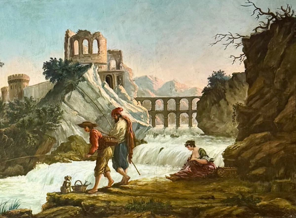 Lecomte Prétextat (Istanbul, 1890s) – Grand paysage romantique aux ruines et scènes de pêche-photo-3