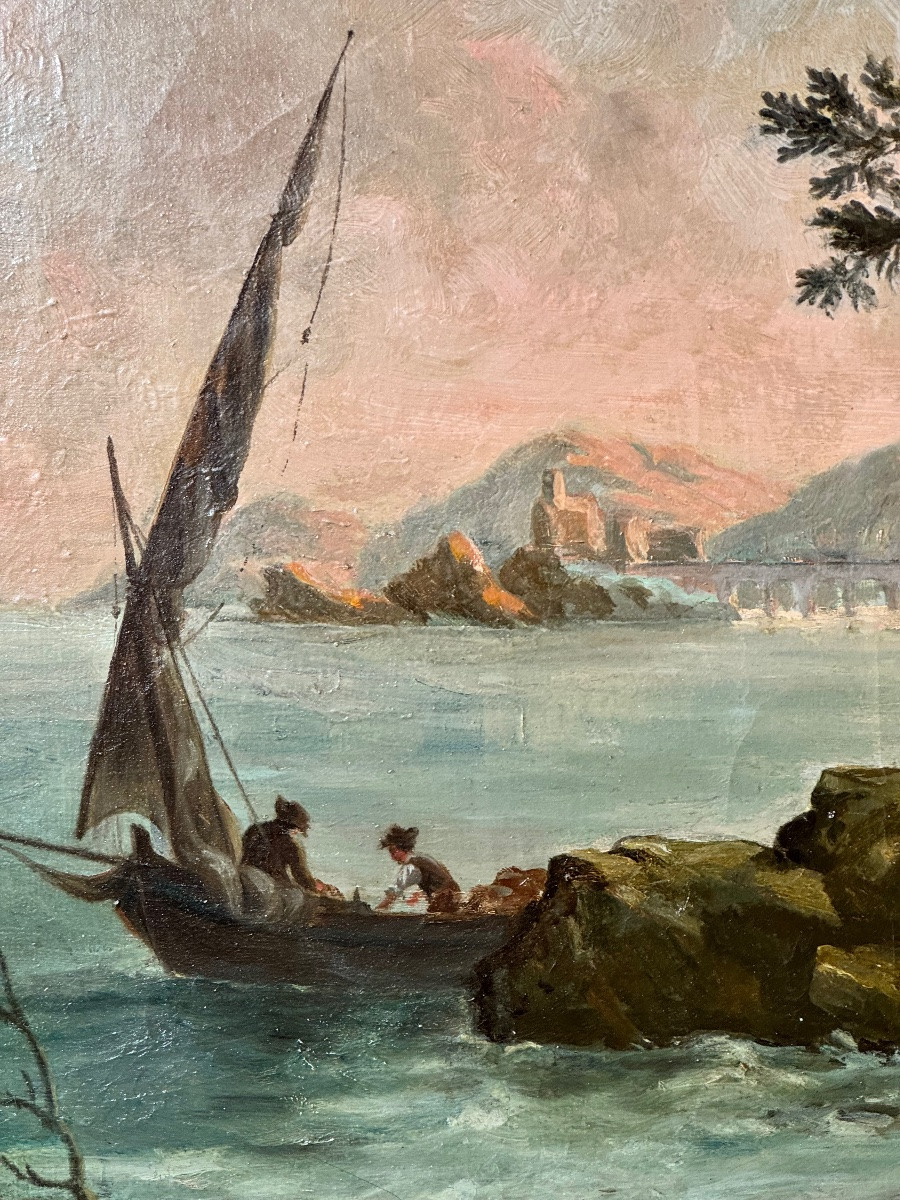 Lecomte Prétextat (Istanbul, 1890s) – Grand paysage romantique aux ruines et scènes de pêche-photo-1