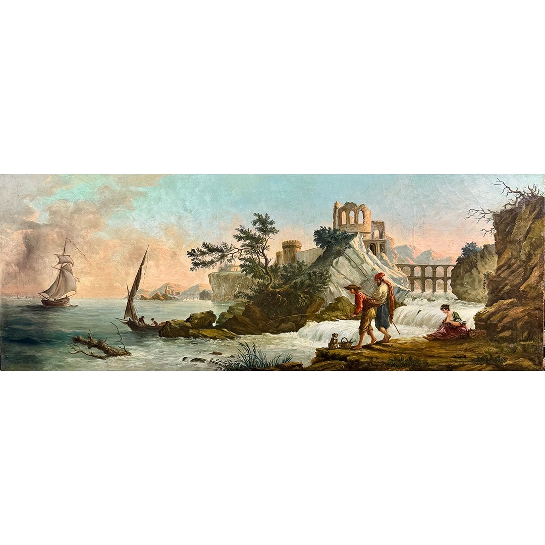 Lecomte Prétextat (Istanbul, 1890s) – Grand paysage romantique aux ruines et scènes de pêche