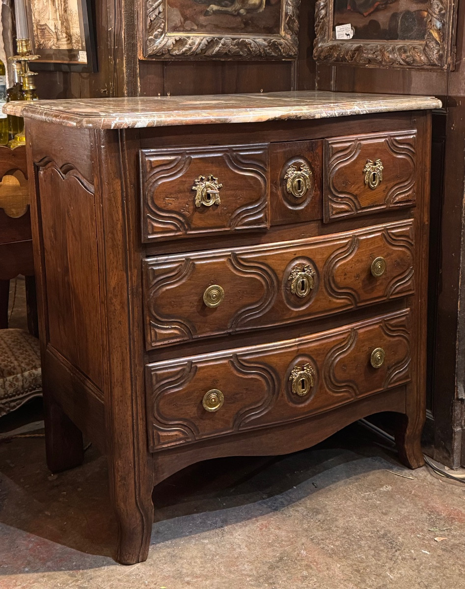 Small Louis XV Walnut Commode With Marble Top, 18th Century