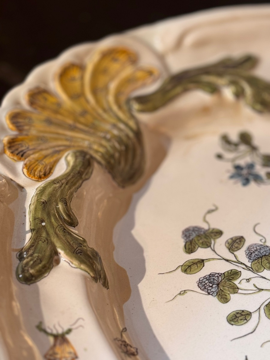 Oval Earthenware Dish From Montpellier With Floral And Insect Decoration, 18th Century-photo-4