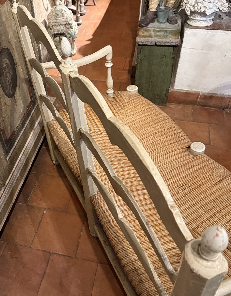 Rare 18th-century Provençal Straw Bench – Known As A “radassier” – With Straw And Gold Paint-photo-4