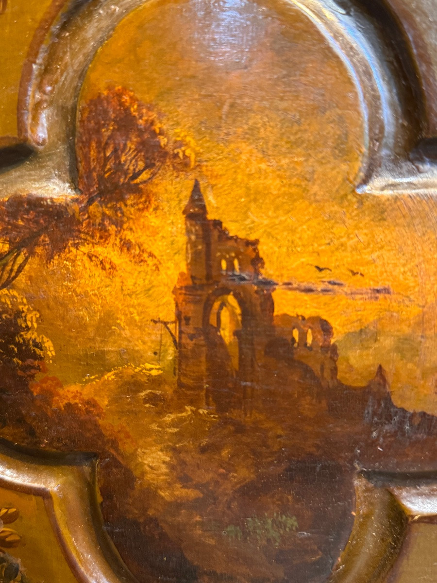 Petite table de nuit à trois tiroirs en bois laqué, à décor de paysages peints – XIXe siècle-photo-3