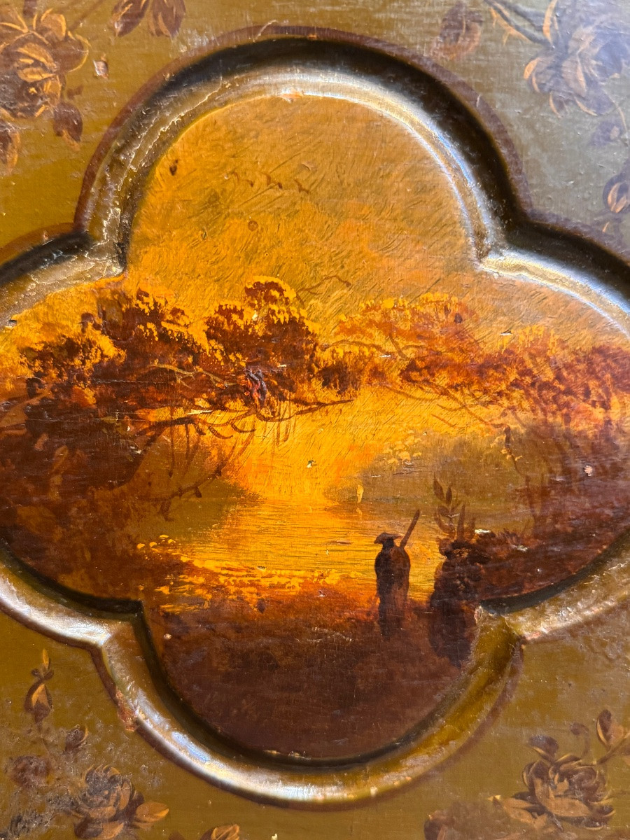 Petite table de nuit à trois tiroirs en bois laqué, à décor de paysages peints – XIXe siècle-photo-5