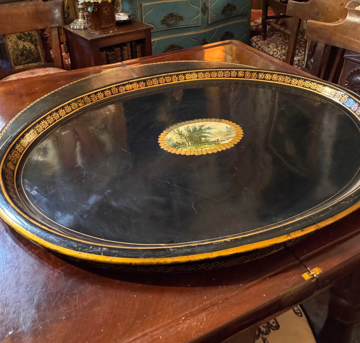 Oval Tray In Black And Gold Lacquered Metal, Decorated With A Chromolithographed Landscape-photo-4
