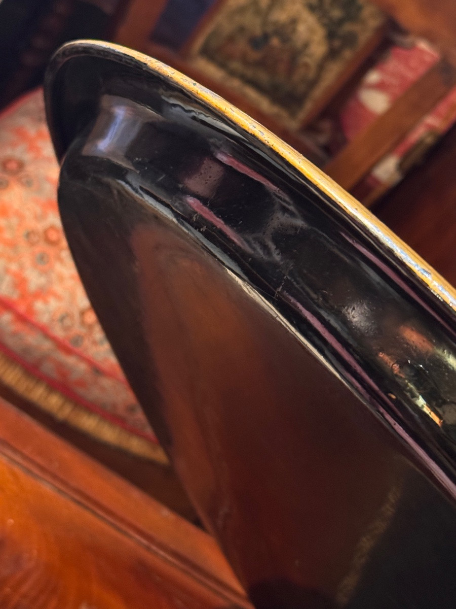 Oval Tray In Black And Gold Lacquered Metal, Decorated With A Chromolithographed Landscape-photo-1