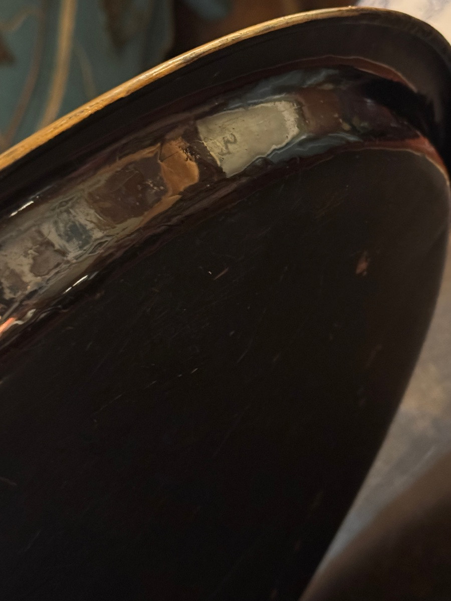 Oval Tray In Black And Gold Lacquered Metal, Decorated With A Chromolithographed Landscape-photo-4