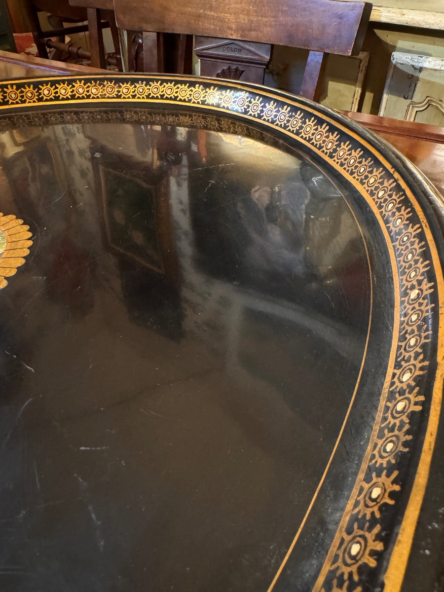 Oval Tray In Black And Gold Lacquered Metal, Decorated With A Chromolithographed Landscape-photo-6