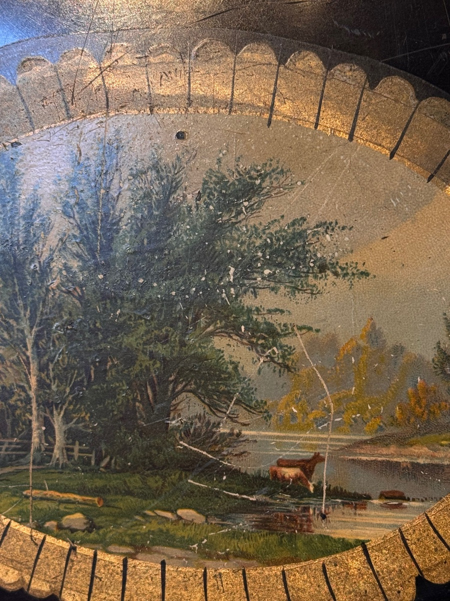 Oval Tray In Black And Gold Lacquered Metal, Decorated With A Chromolithographed Landscape-photo-7