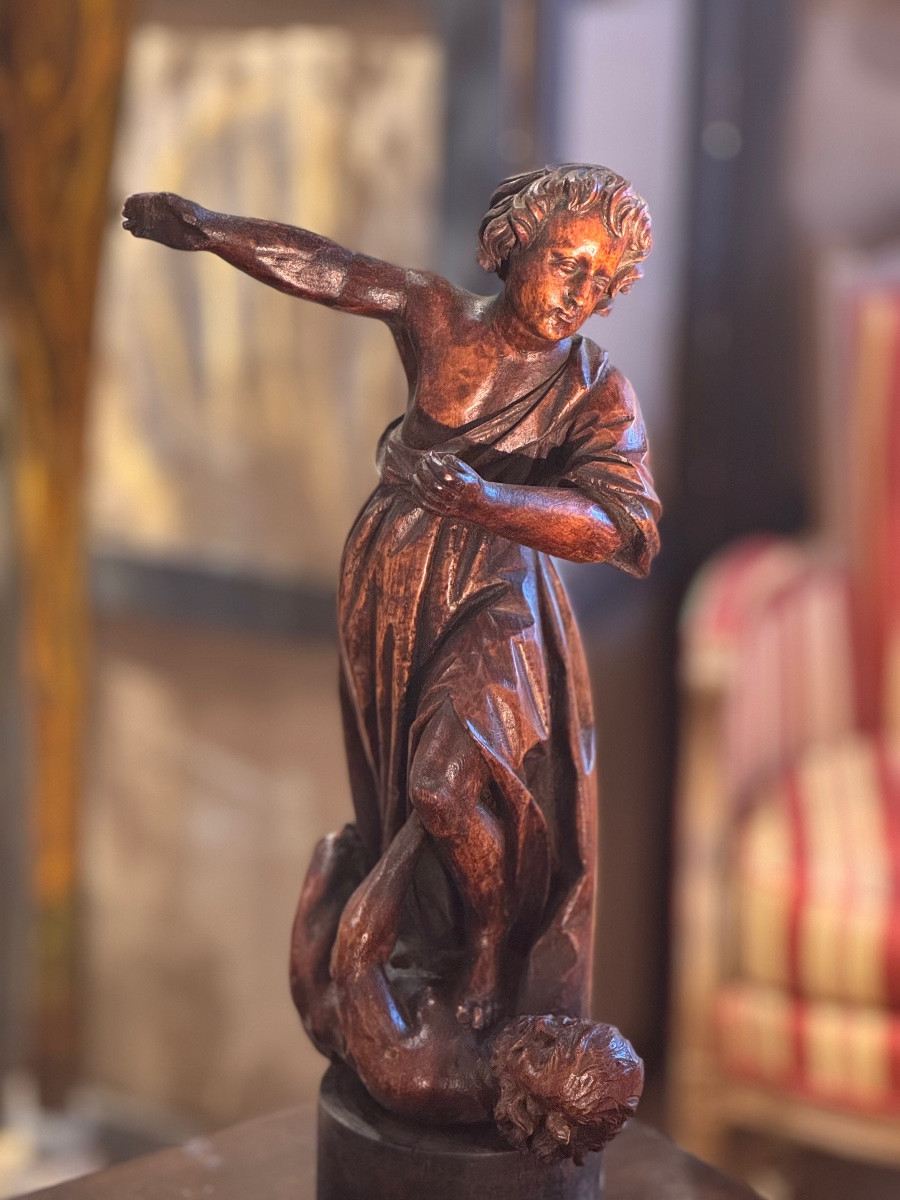 Saint Michael Slaying The Demon – Carved Wooden Sculpture – 18th Century-photo-3