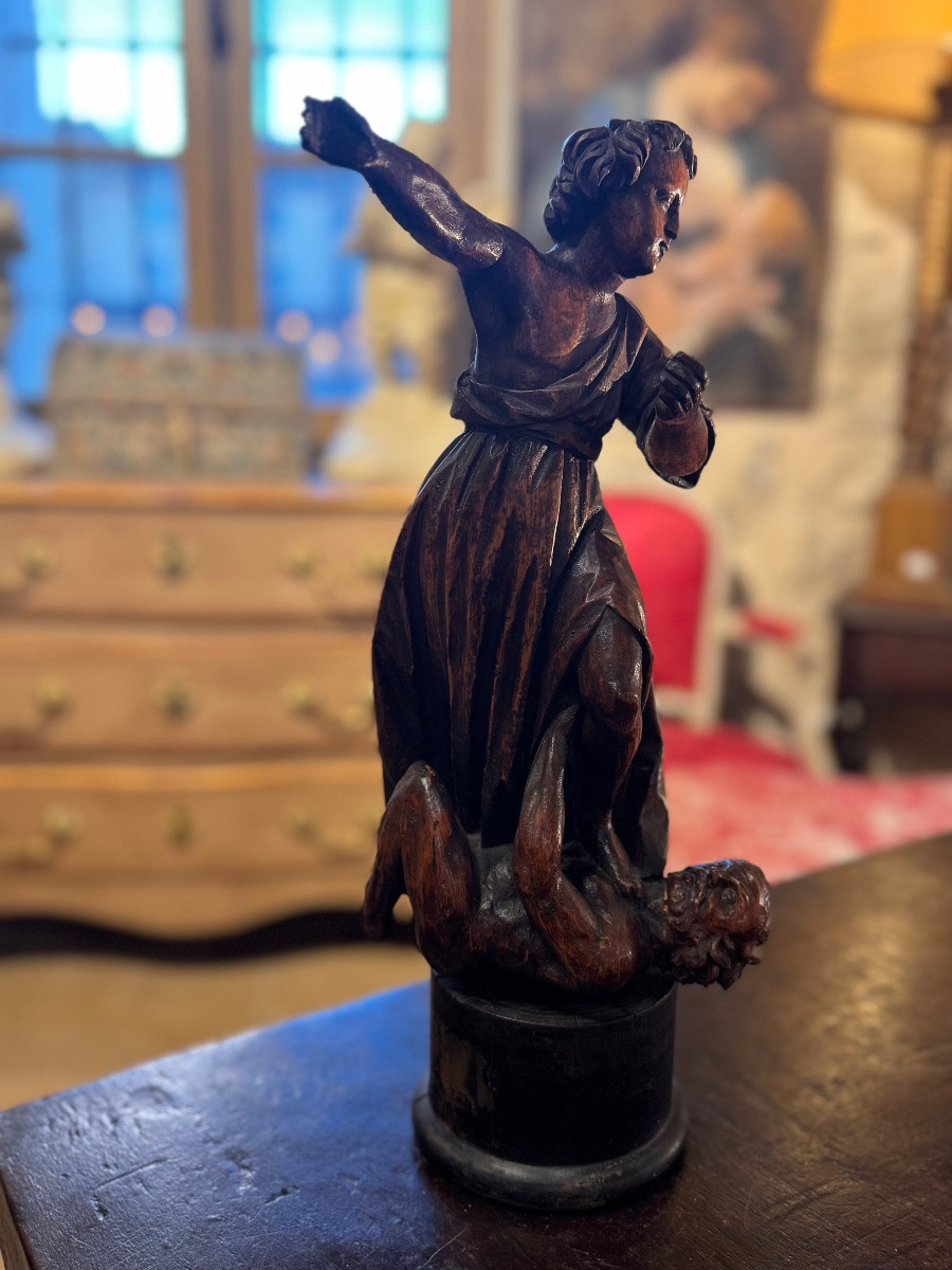 Saint Michael Slaying The Demon – Carved Wooden Sculpture – 18th Century-photo-4