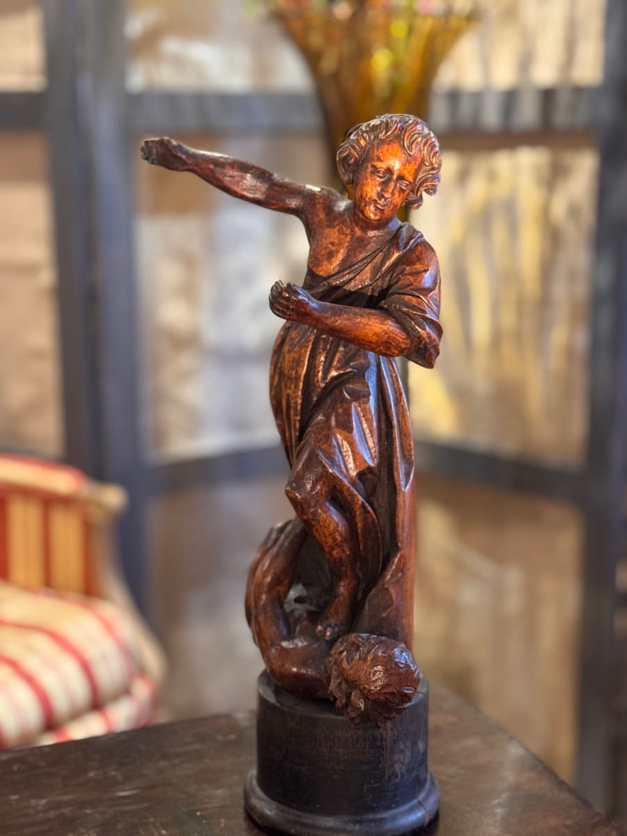 Saint Michael Slaying The Demon – Carved Wooden Sculpture – 18th Century