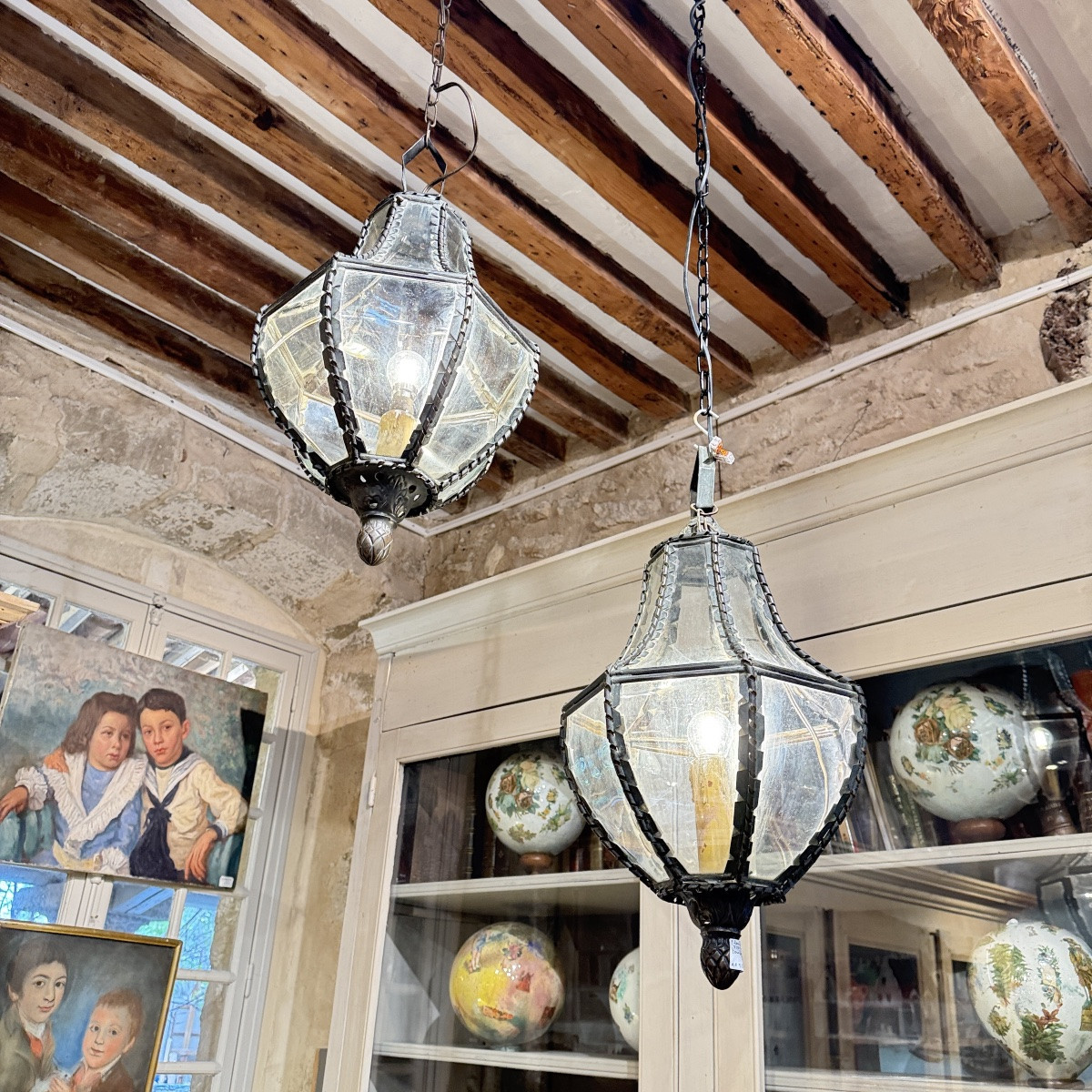 Pair Of Copper And Domed Glass Lanterns – 19th Century Work-photo-6