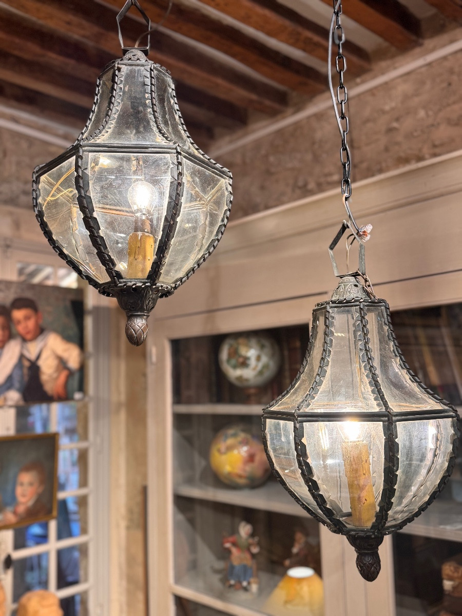Pair Of Copper And Domed Glass Lanterns – 19th Century Work