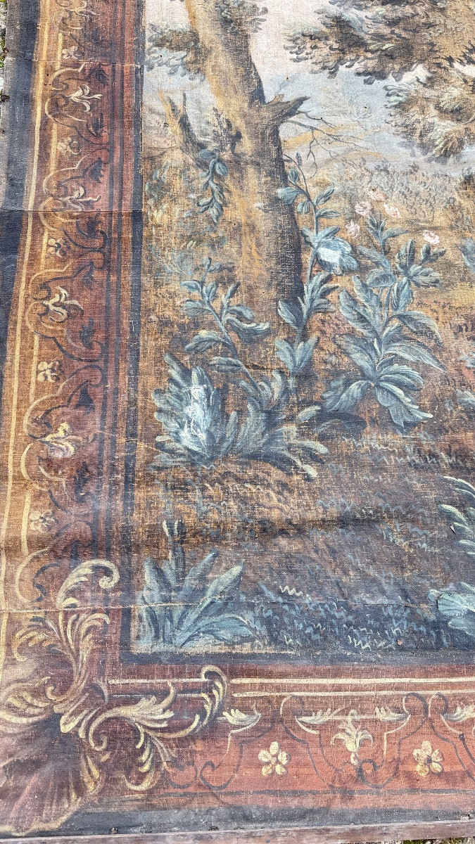 Large Painted Canvas Depicting A Park Scene And A Gallant Scene, Decorative Work From The 18th Century.-photo-2