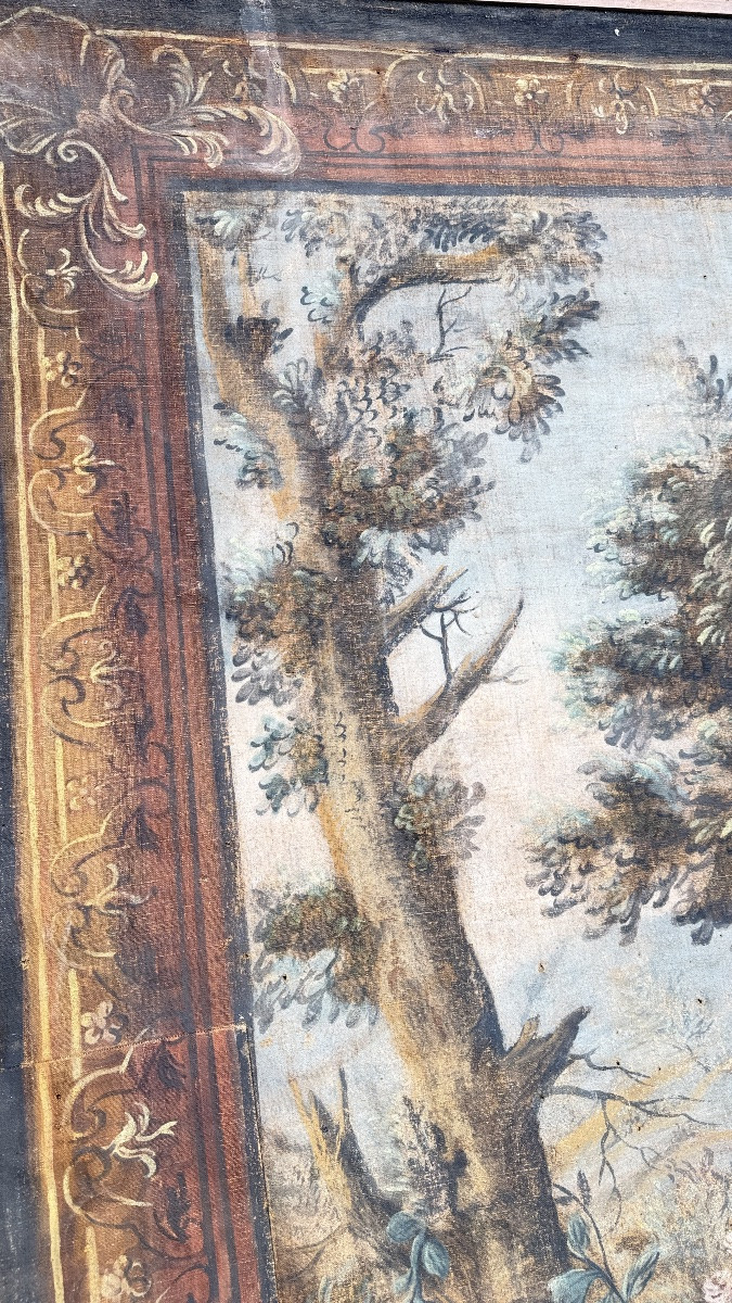 Large Painted Canvas Depicting A Park Scene And A Gallant Scene, Decorative Work From The 18th Century.-photo-4