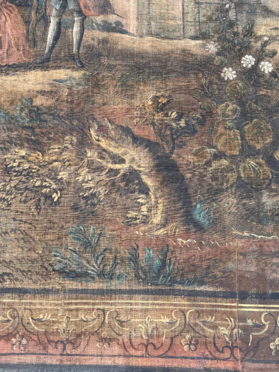 Large Painted Canvas Depicting A Park Scene And A Gallant Scene, Decorative Work From The 18th Century.-photo-2