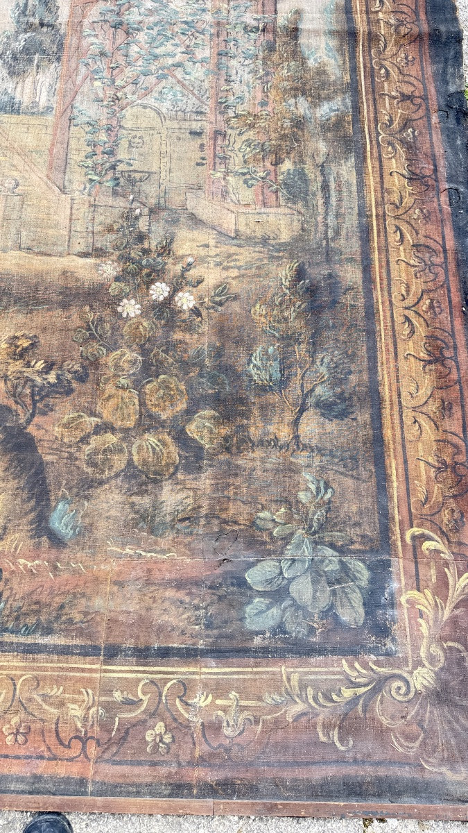 Large Painted Canvas Depicting A Park Scene And A Gallant Scene, Decorative Work From The 18th Century.-photo-5