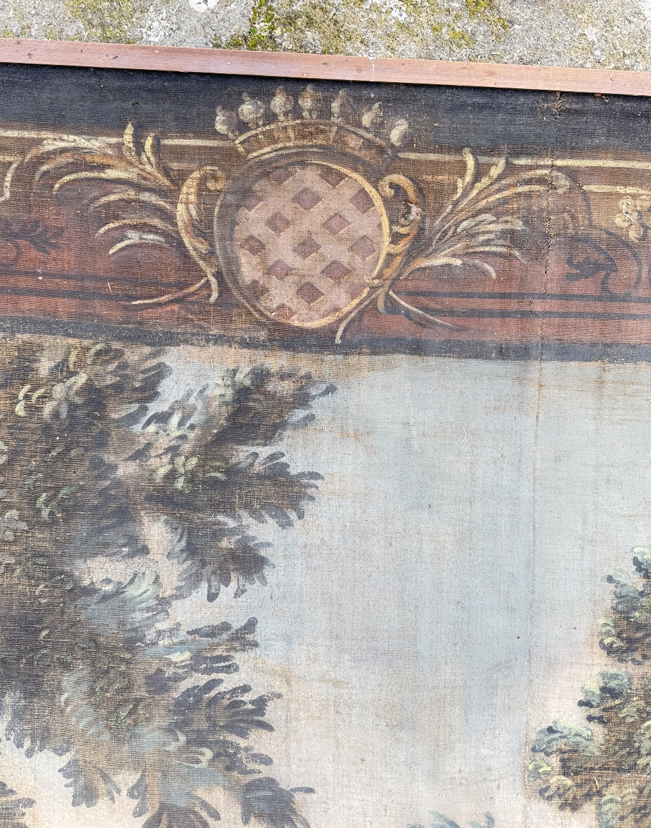 Large Painted Canvas Depicting A Park Scene And A Gallant Scene, Decorative Work From The 18th Century.-photo-7