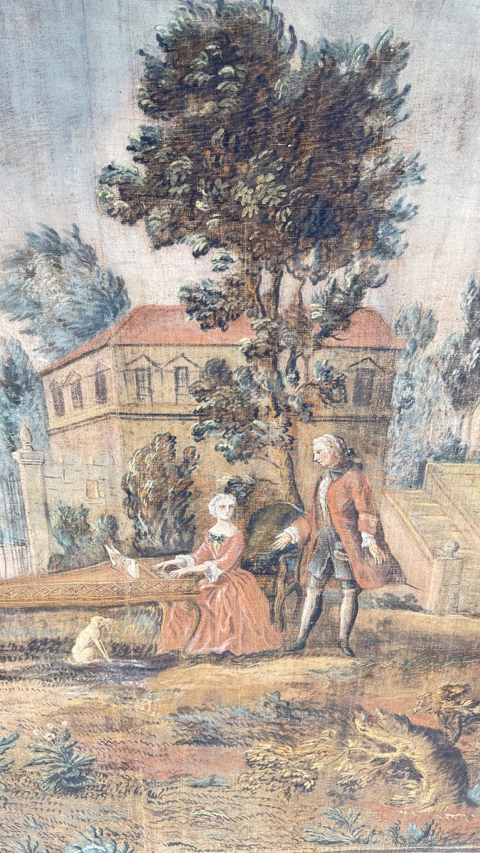 Large Painted Canvas Depicting A Park Scene And A Gallant Scene, Decorative Work From The 18th Century.-photo-8