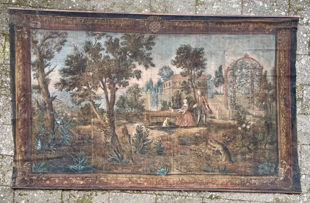 Large Painted Canvas Depicting A Park Scene And A Gallant Scene, Decorative Work From The 18th Century.