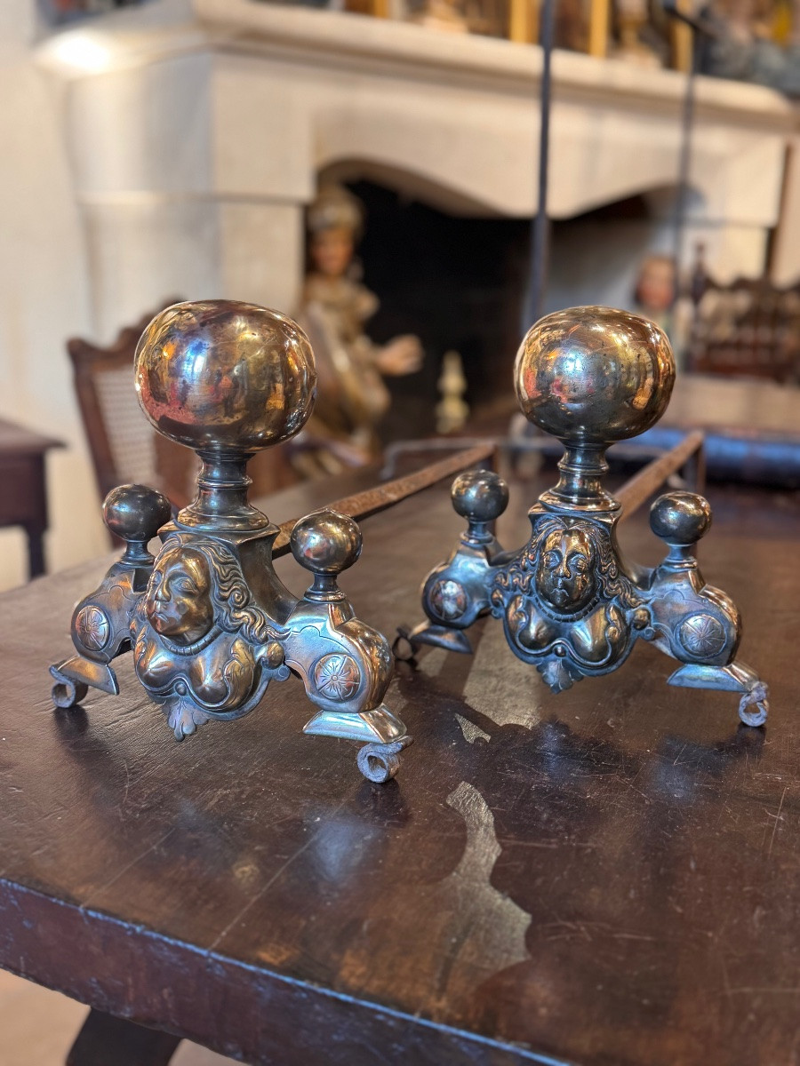 Pair Of Bronze And Wrought Iron Andirons With Grotesque Figures, 18th – Early 19th Century-photo-2