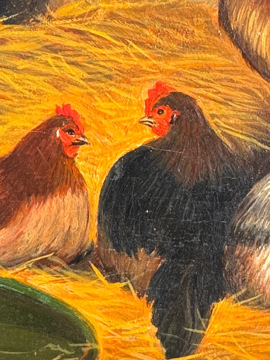 Farmyard Scene – Hens And Rooster – Oil On Panel, Late 19th Century-photo-3