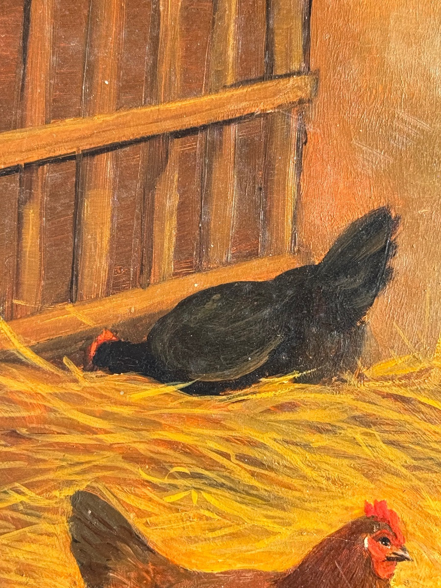 Farmyard Scene – Hens And Rooster – Oil On Panel, Late 19th Century-photo-4