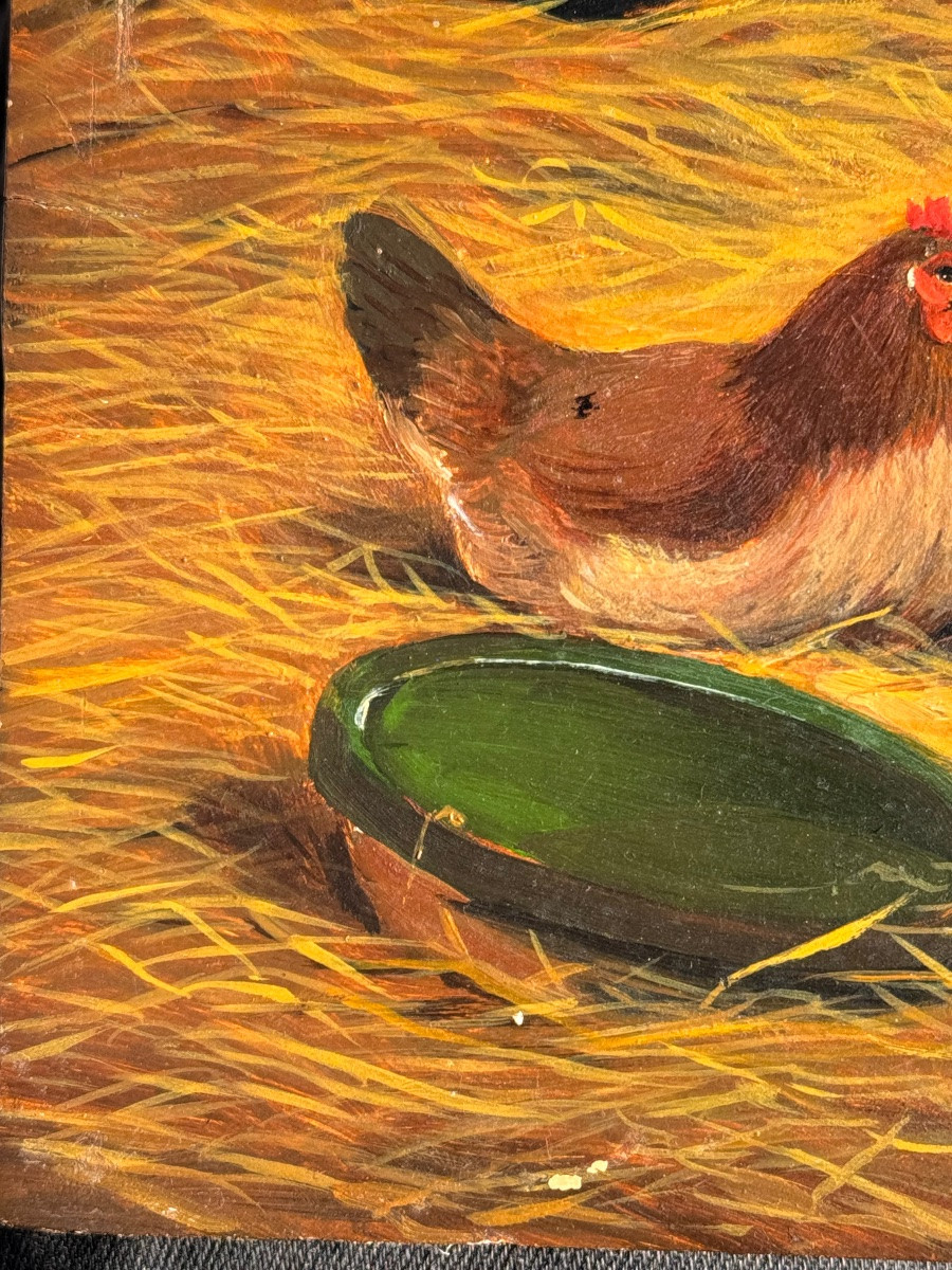 Farmyard Scene – Hens And Rooster – Oil On Panel, Late 19th Century-photo-1