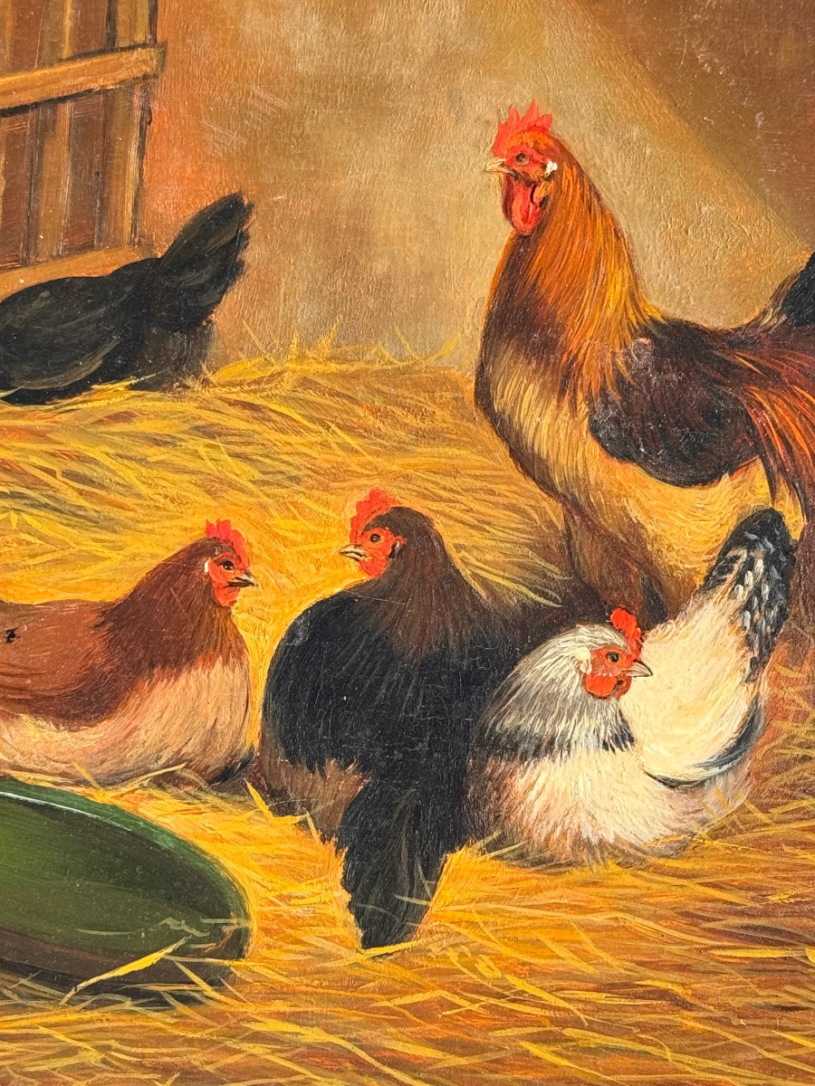 Farmyard Scene – Hens And Rooster – Oil On Panel, Late 19th Century-photo-3