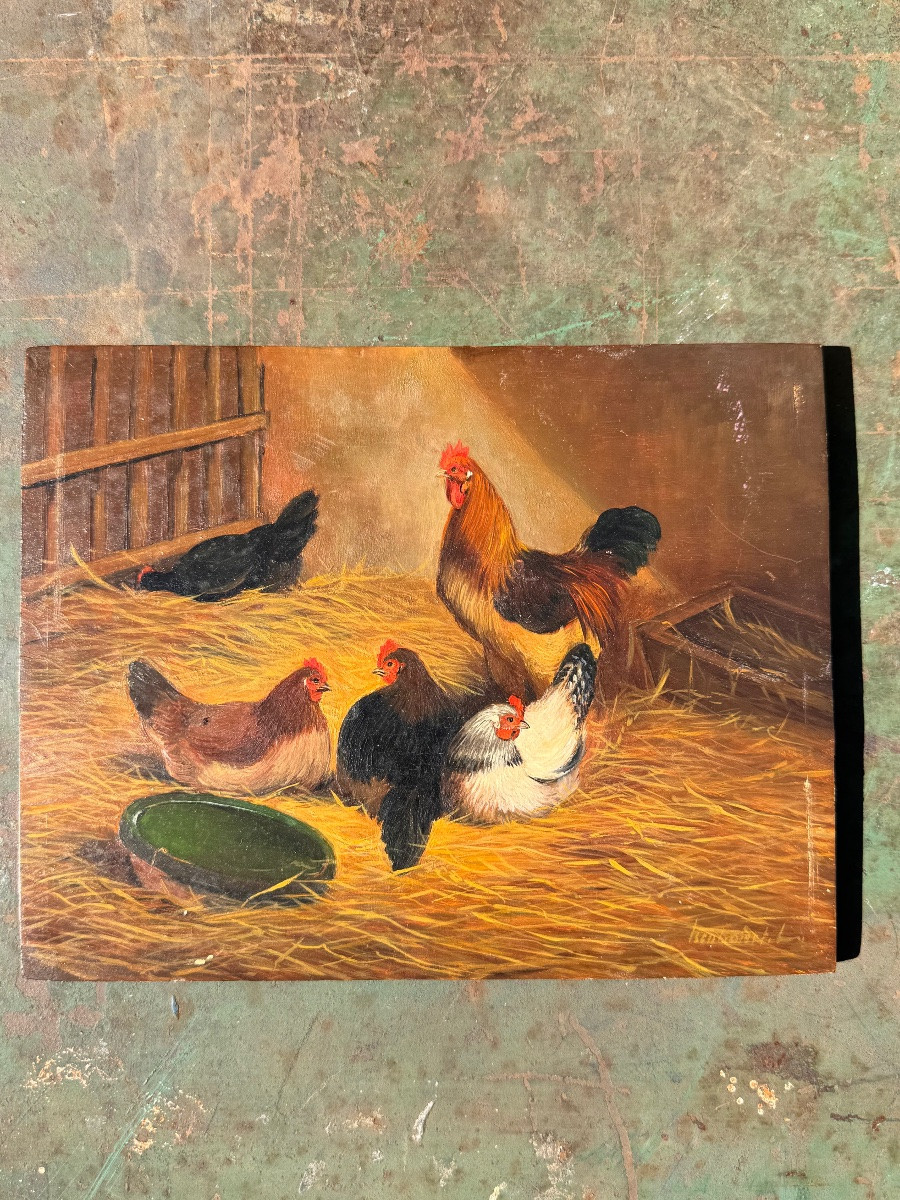 Farmyard Scene – Hens And Rooster – Oil On Panel, Late 19th Century-photo-5