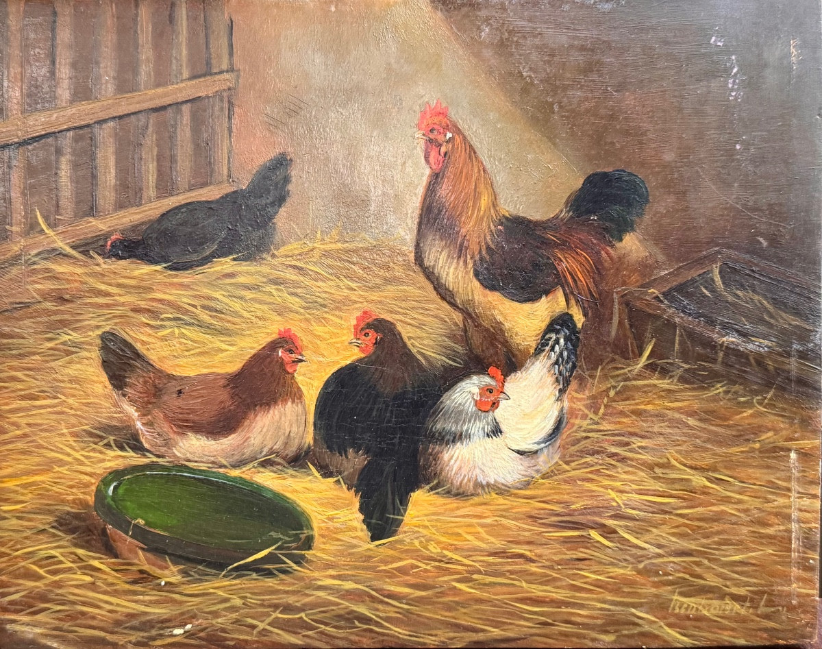 Farmyard Scene – Hens And Rooster – Oil On Panel, Late 19th Century