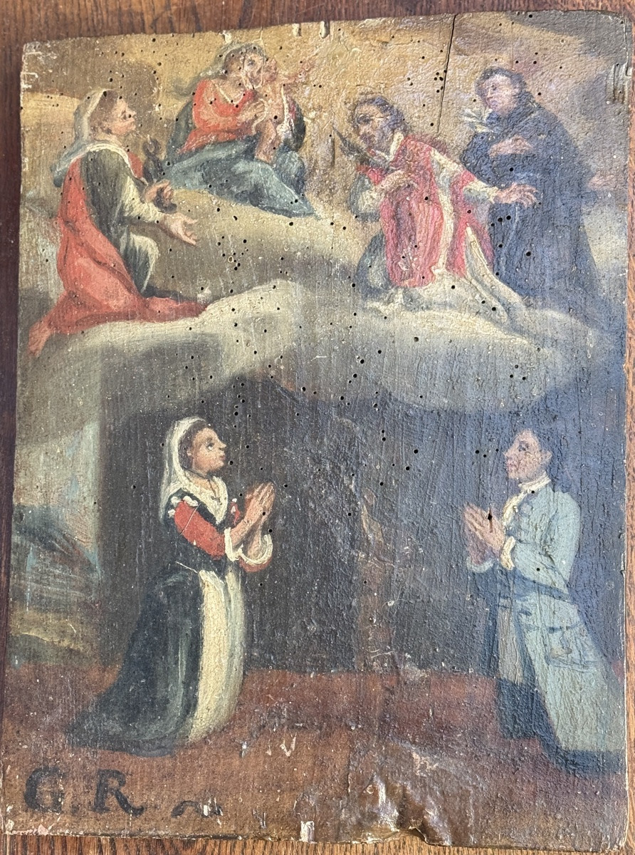 Ex-voto italien du XVIIIe siècle – “G.R.” (Grazia Ricevuta) – Vierge à l’Enfant entourée de sai-photo-4