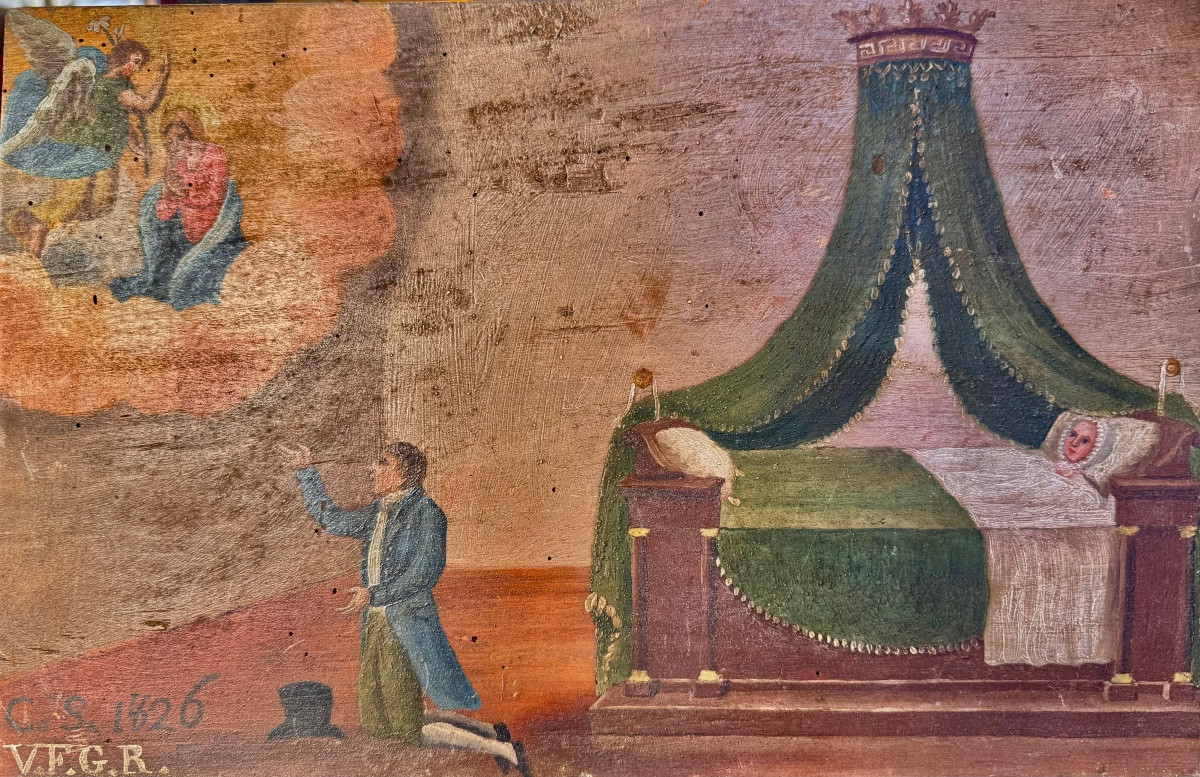 Ex-voto italien daté 1626 – Scène de guérison et apparition mariale – “V.F.G.R.”