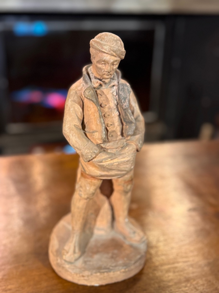 Terre cuite signée Mecret – Jeune pêcheur – Fin XIXe / début XXe siècle-photo-2