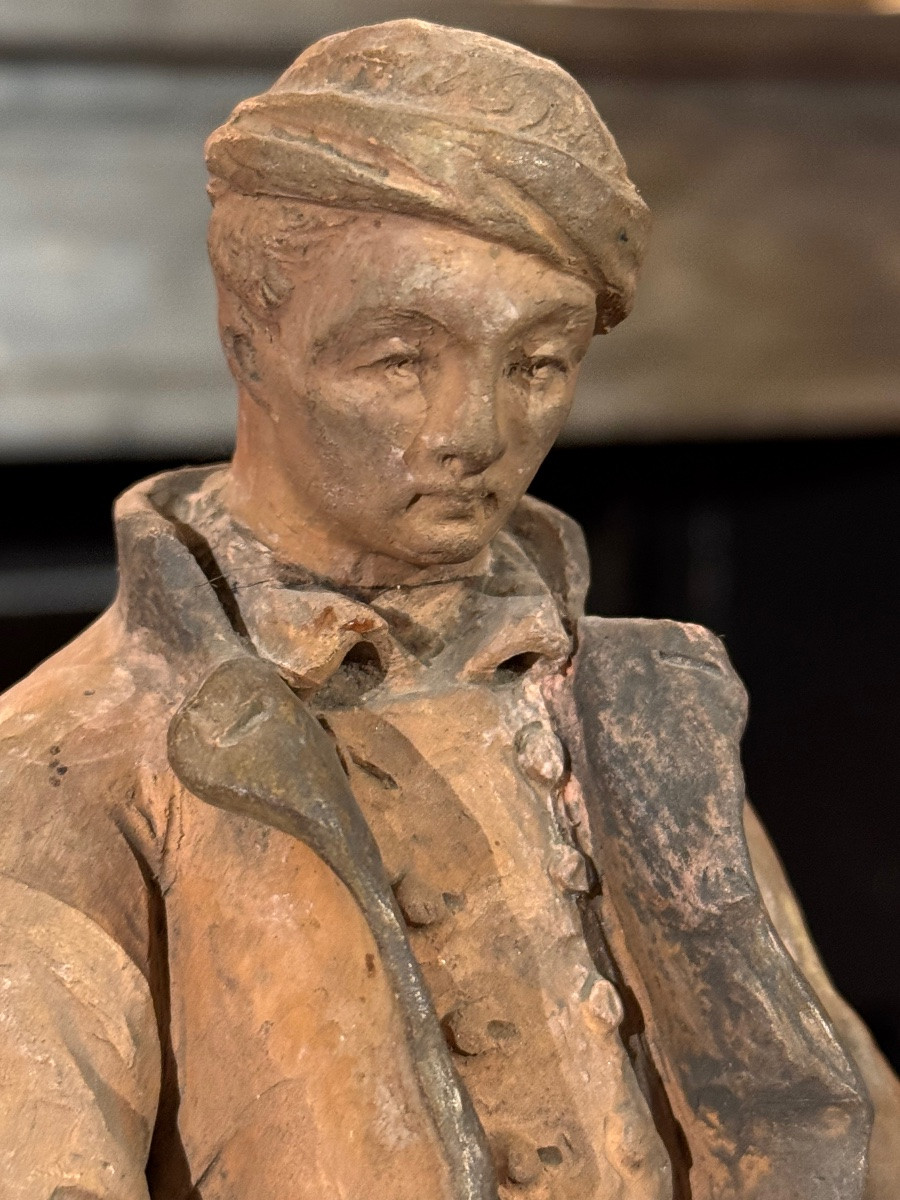 Terre cuite signée Mecret – Jeune pêcheur – Fin XIXe / début XXe siècle-photo-4