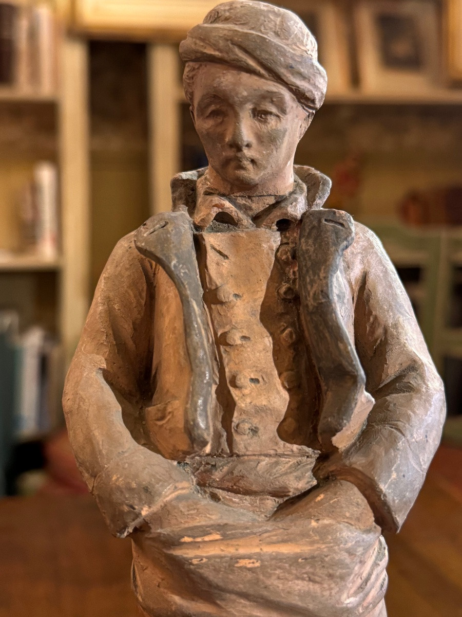 Terre cuite signée Mecret – Jeune pêcheur – Fin XIXe / début XXe siècle-photo-2