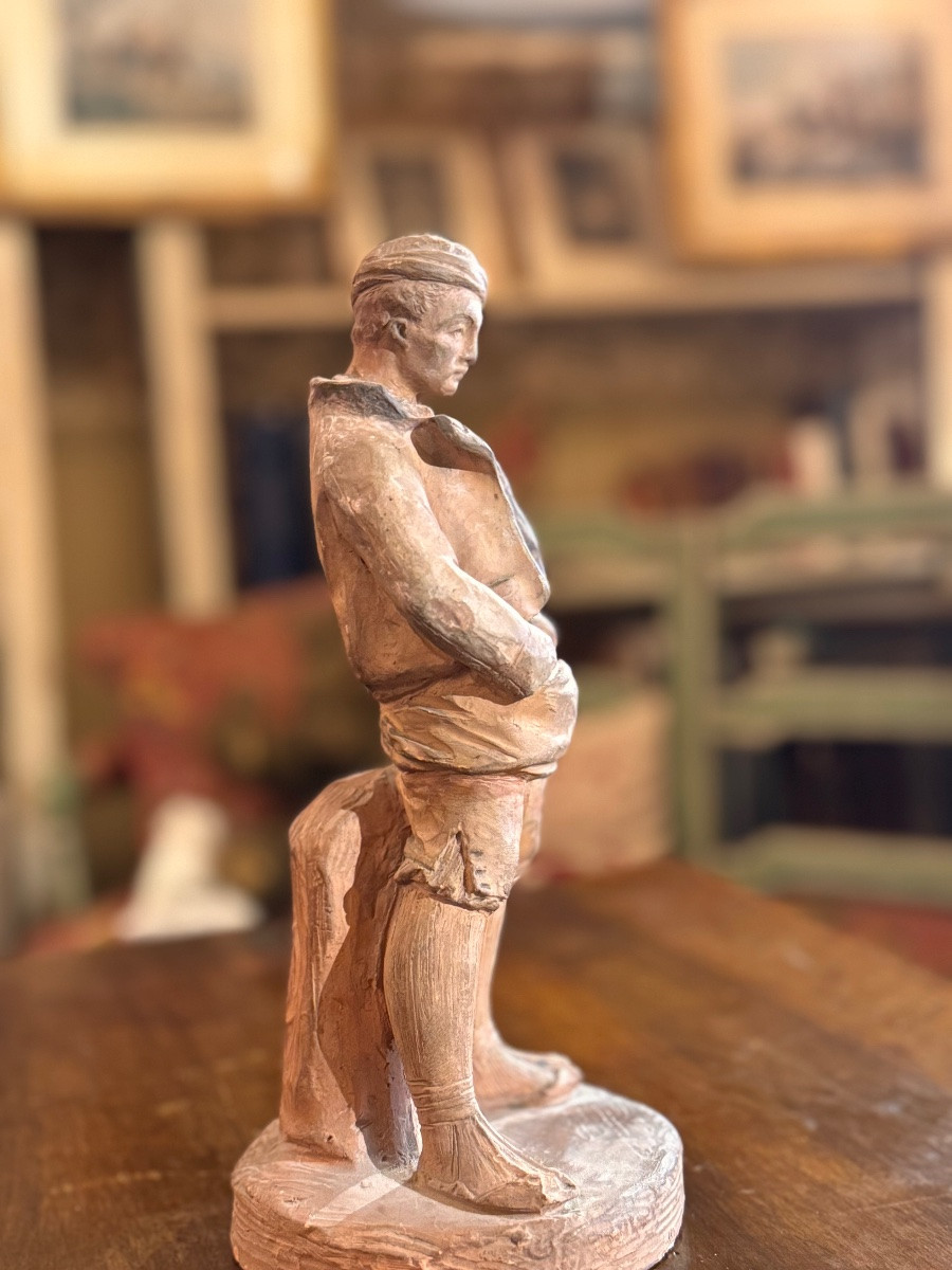 Terre cuite signée Mecret – Jeune pêcheur – Fin XIXe / début XXe siècle-photo-3