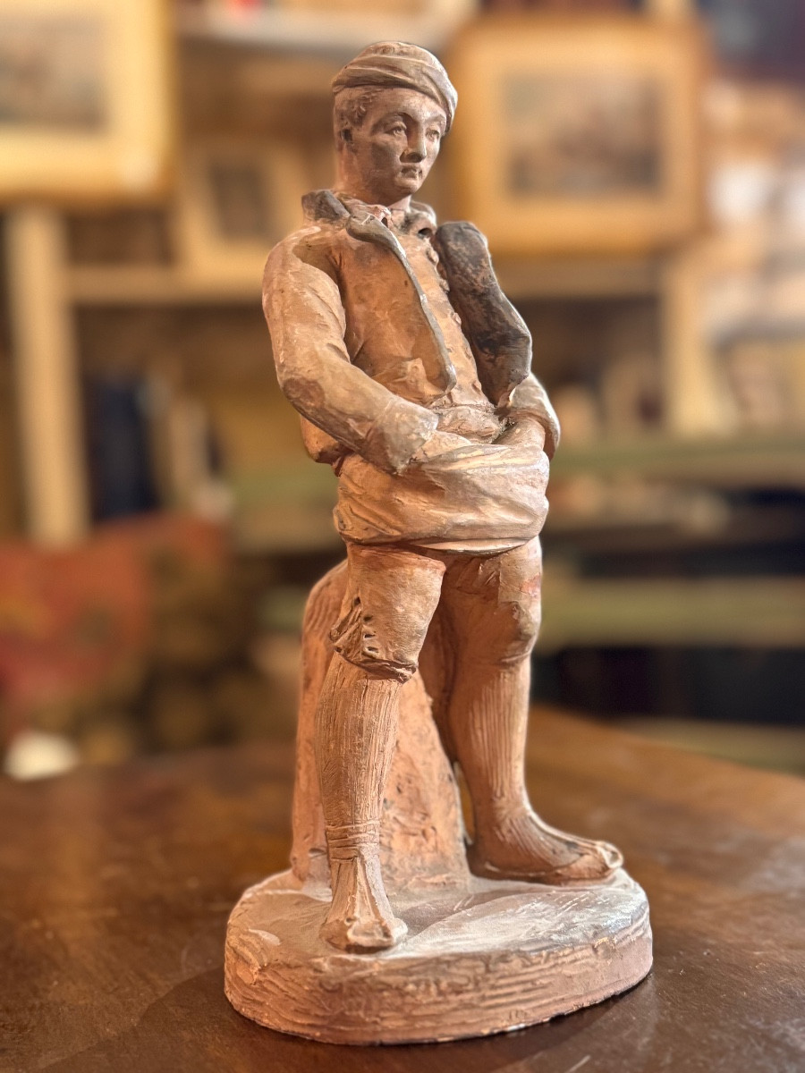 Terre cuite signée Mecret – Jeune pêcheur – Fin XIXe / début XXe siècle