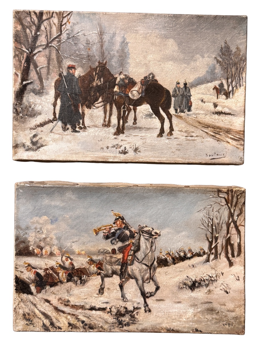 Pair Of Oils On Canvas - Charge Of Cuirassiers, 1870 War - Signed Boutarel