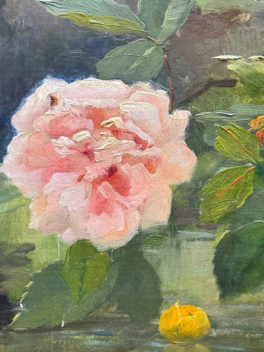 Oil On Canvas - Roses Over A Water Lily Pond - Signed F. Lindley - XIXs-photo-2