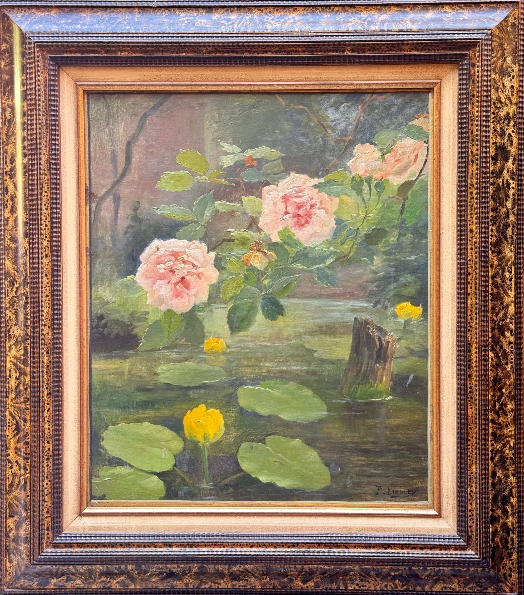 Oil On Canvas - Roses Over A Water Lily Pond - Signed F. Lindley - XIXs